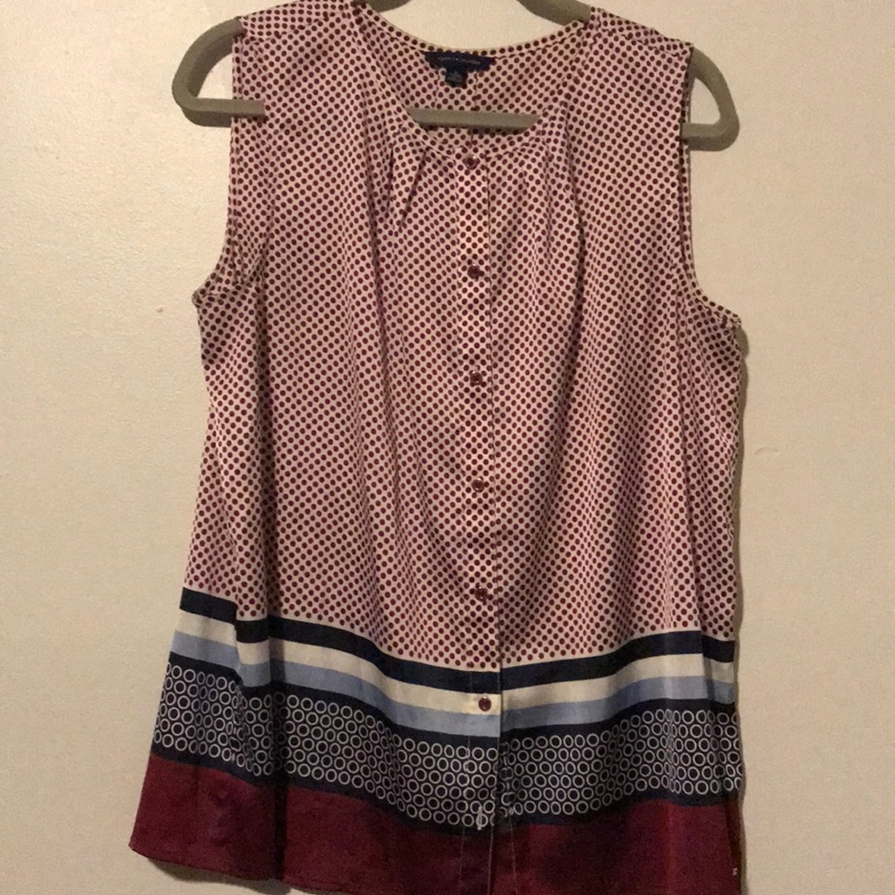 Button up shell with Pintucked neck; red and blue